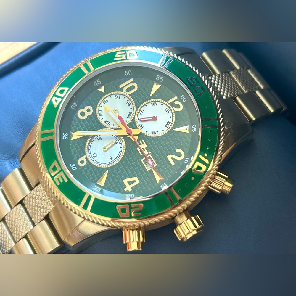 32 Degrees Gold, Green Carbon Fiber & MOP Mens Chronograph Watch NIB GIFT!
